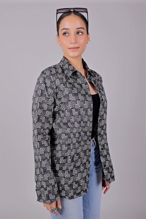 Veshbhoshaa Bluebird Women'S Black Printed Satin Shirt