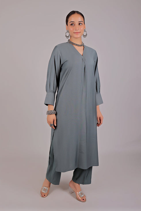 Veshbhoshaa Bluesaanchi Women'S Grey Kurti With Trouser Pajama Set