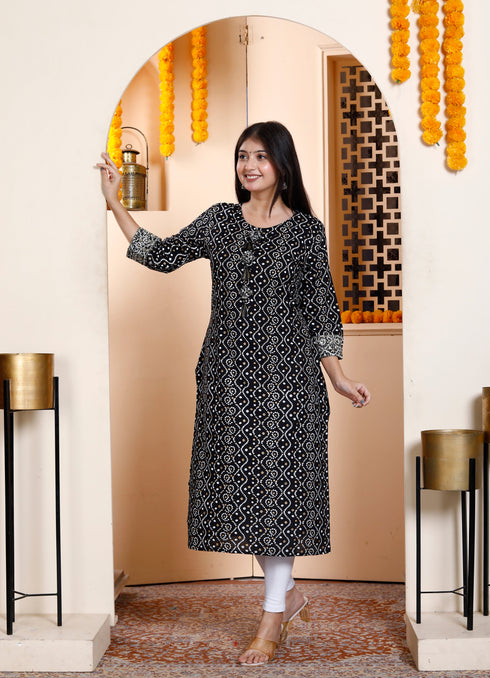 Miravan Womens Rayon Embroidery Black Bandhani Printed Straight Kurti