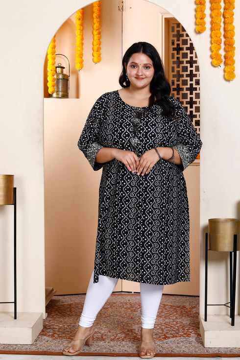 Miravan Womens Plus Size Rayon Embroidery Black Bandhani Printed Straight Kurti