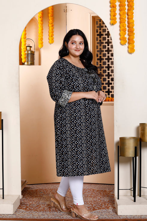 Miravan Womens Plus Size Rayon Embroidery Black Bandhani Printed Straight Kurti