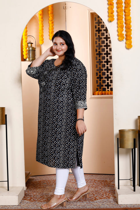 Miravan Womens Plus Size Rayon Embroidery Black Bandhani Printed Straight Kurti
