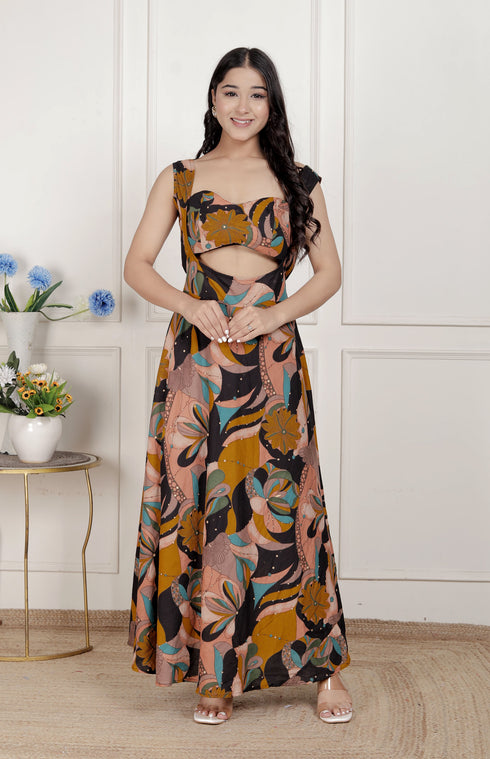 Miravan Womens Black Pure Cotton Floral Printed Sleeveless Cut Out Detail Western Dress