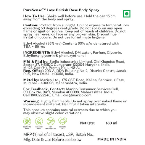 PureSense Love British Rose Body Spray | From the makers of Parachute Advansed
