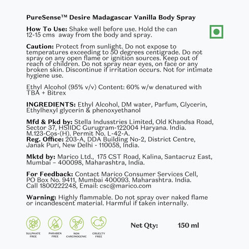 PureSense Desire Madagascar Vanilla Body Spray | Sulphate & Paraben Free | Safe For Skin | Unisex