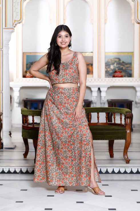 Miravan Womens Brown Floral Printed Crop Top And Skirt Co Ord Set