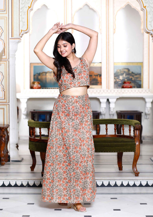 Miravan Womens Brown Floral Printed Crop Top And Skirt Co Ord Set
