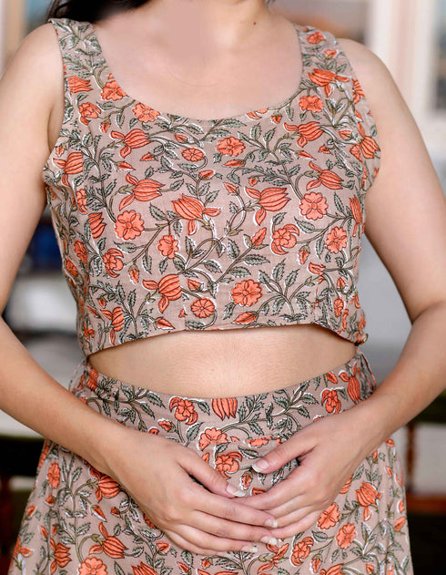 Miravan Womens Brown Floral Printed Crop Top And Skirt Co Ord Set