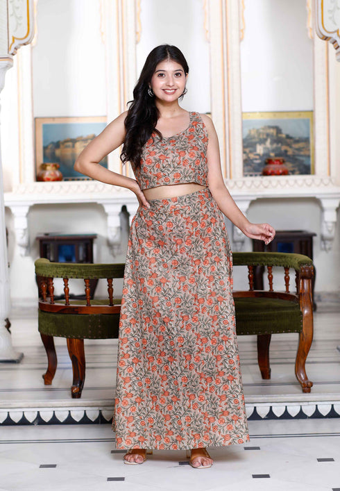 Miravan Womens Brown Floral Printed Crop Top And Skirt Co Ord Set