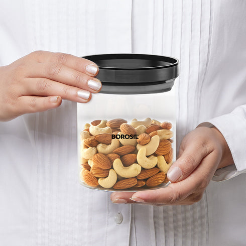 Borosil Personalised Stack n Store Airtight Glass Jar with Black PP lid 600 ml