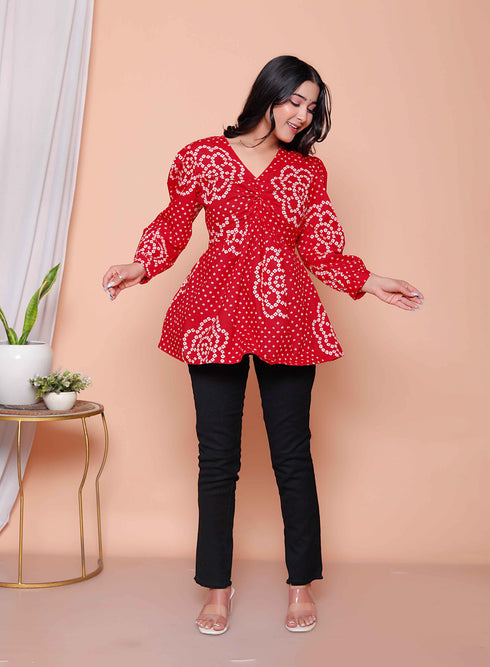 Miravan Womens Red Bandhani Printed cotton Butterfly Design Top