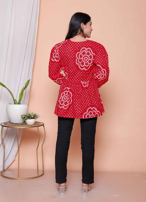 Miravan Womens Red Bandhani Printed cotton Butterfly Design Top