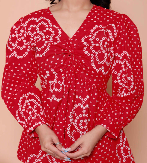 Miravan Womens Red Bandhani Printed cotton Butterfly Design Top