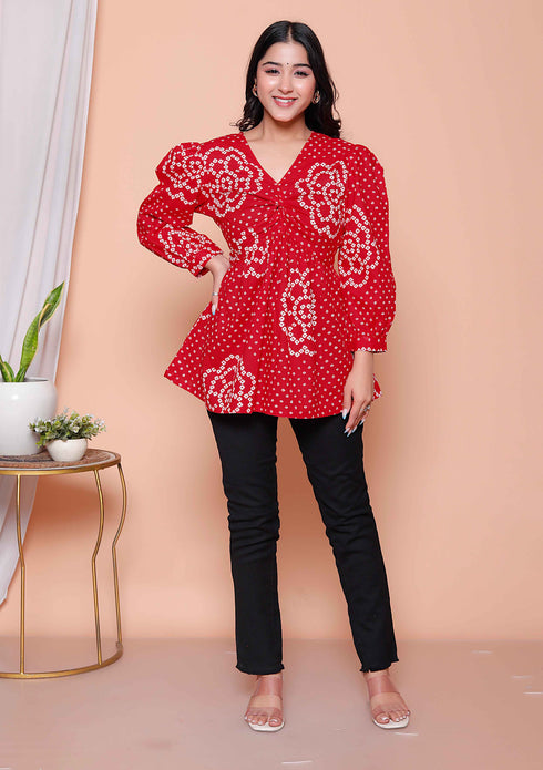 Miravan Womens Red Bandhani Printed cotton Butterfly Design Top