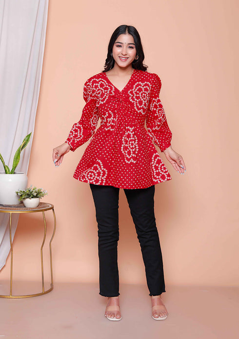 Miravan Womens Red Bandhani Printed cotton Butterfly Design Top