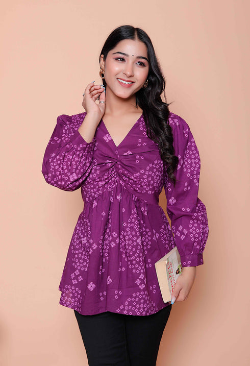 Miravan Womens Purple Bandhani Printed Butterfly Style Top