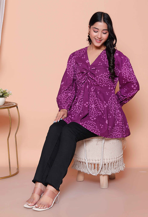 Miravan Womens Purple Bandhani Printed Butterfly Style Top