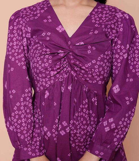 Miravan Womens Purple Bandhani Printed Butterfly Style Top