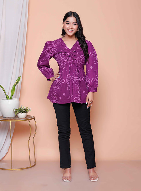 Miravan Womens Purple Bandhani Printed Butterfly Style Top