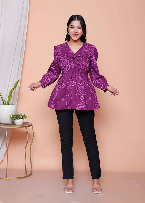 Miravan Womens Purple Bandhani Printed Butterfly Style Top