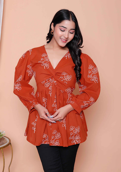 Miravan Womens Rust Floral Printed Balloon Sleeves V Neck Butterfly Top