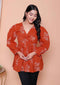 Miravan Womens Rust Floral Printed Balloon Sleeves V Neck Butterfly Top