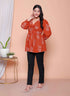 Miravan Womens Rust Floral Printed Balloon Sleeves V Neck Butterfly Top