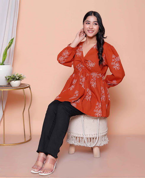 Miravan Womens Rust Floral Printed Balloon Sleeves V Neck Butterfly Top