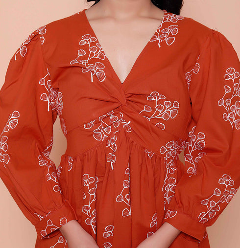 Miravan Womens Rust Floral Printed Balloon Sleeves V Neck Butterfly Top