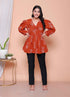 Miravan Womens Rust Floral Printed Balloon Sleeves V Neck Butterfly Top