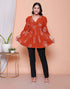Miravan Womens Rust Floral Printed Balloon Sleeves V Neck Butterfly Top