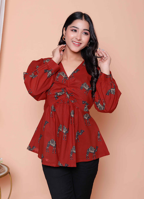 Miravan Womens Brown Animal Printed Balloon Sleeves V Neck Butterfly Top