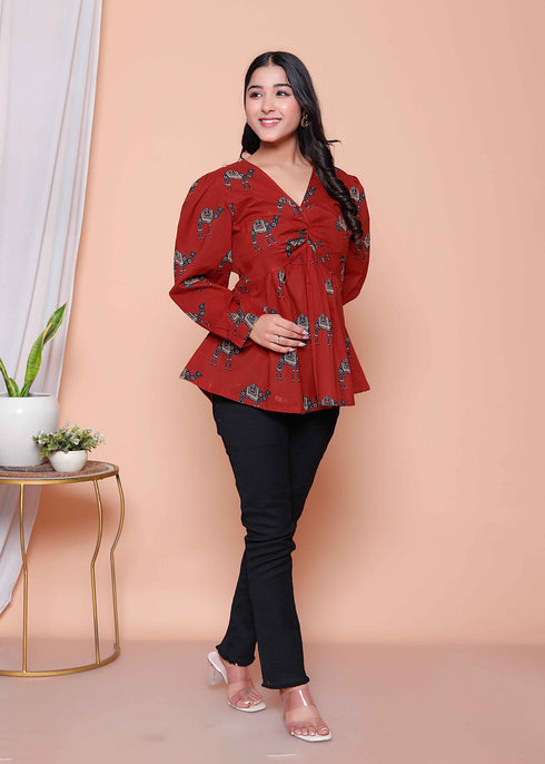 Miravan Womens Brown Animal Printed Balloon Sleeves V Neck Butterfly Top