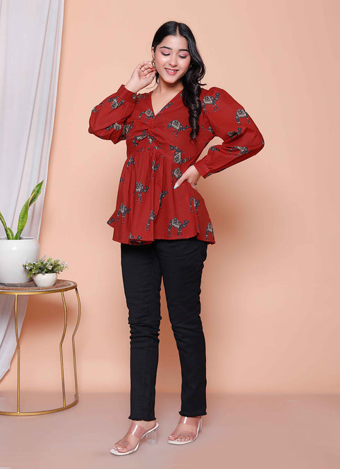 Miravan Womens Brown Animal Printed Balloon Sleeves V Neck Butterfly Top