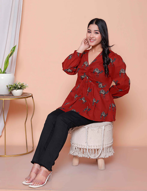 Miravan Womens Brown Animal Printed Balloon Sleeves V Neck Butterfly Top