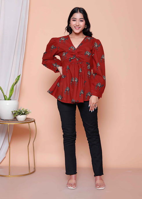Miravan Womens Brown Animal Printed Balloon Sleeves V Neck Butterfly Top