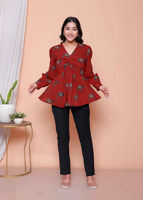 Miravan Womens Brown Animal Printed Balloon Sleeves V Neck Butterfly Top