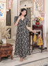 Miravan Womens Pleated Puff Sleeve Floral Pure Cotton Black And White Butterfly Maxi Dress
