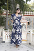 Miravan Womens Blue Flower Printed Puff Sleeve Pure Cotton Fit V Neck Butterfly Maxi Dress