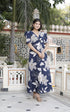 Miravan Womens Blue Flower Printed Puff Sleeve Pure Cotton Fit V Neck Butterfly Maxi Dress