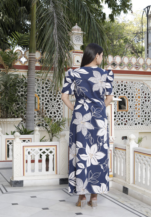 Miravan Womens Blue Flower Printed Puff Sleeve Pure Cotton Fit V Neck Butterfly Maxi Dress