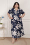 Miravan Womens Plus Size Blue Flower Printed Puff Sleeve Pure Cotton Fit V Neck Butterfly Middi Dress