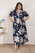 Miravan Womens Plus Size Blue Flower Printed Puff Sleeve Pure Cotton Fit V Neck Butterfly Middi Dress