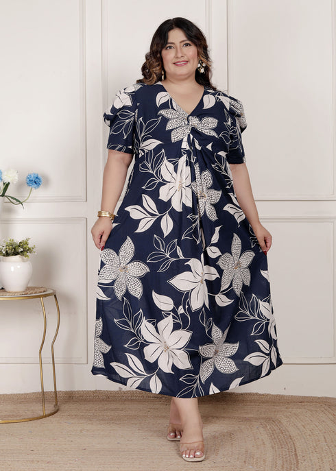 Miravan Womens Plus Size Blue Flower Printed Puff Sleeve Pure Cotton Fit V Neck Butterfly Middi Dress