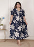 Miravan Womens Plus Size Blue Flower Printed Puff Sleeve Pure Cotton Fit V Neck Butterfly Middi Dress