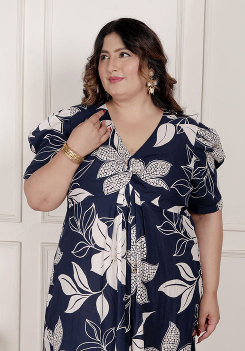 Miravan Womens Plus Size Blue Flower Printed Puff Sleeve Pure Cotton Fit V Neck Butterfly Middi Dress