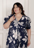 Miravan Womens Plus Size Blue Flower Printed Puff Sleeve Pure Cotton Fit V Neck Butterfly Middi Dress
