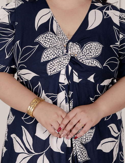 Miravan Womens Plus Size Blue Flower Printed Puff Sleeve Pure Cotton Fit V Neck Butterfly Middi Dress