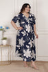 Miravan Womens Plus Size Blue Flower Printed Puff Sleeve Pure Cotton Fit V Neck Butterfly Middi Dress