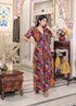 Miravan Womens Floral Print Puff Sleeve Pure Cotton Fit Flare Magenta Butterfly Maxi Dress